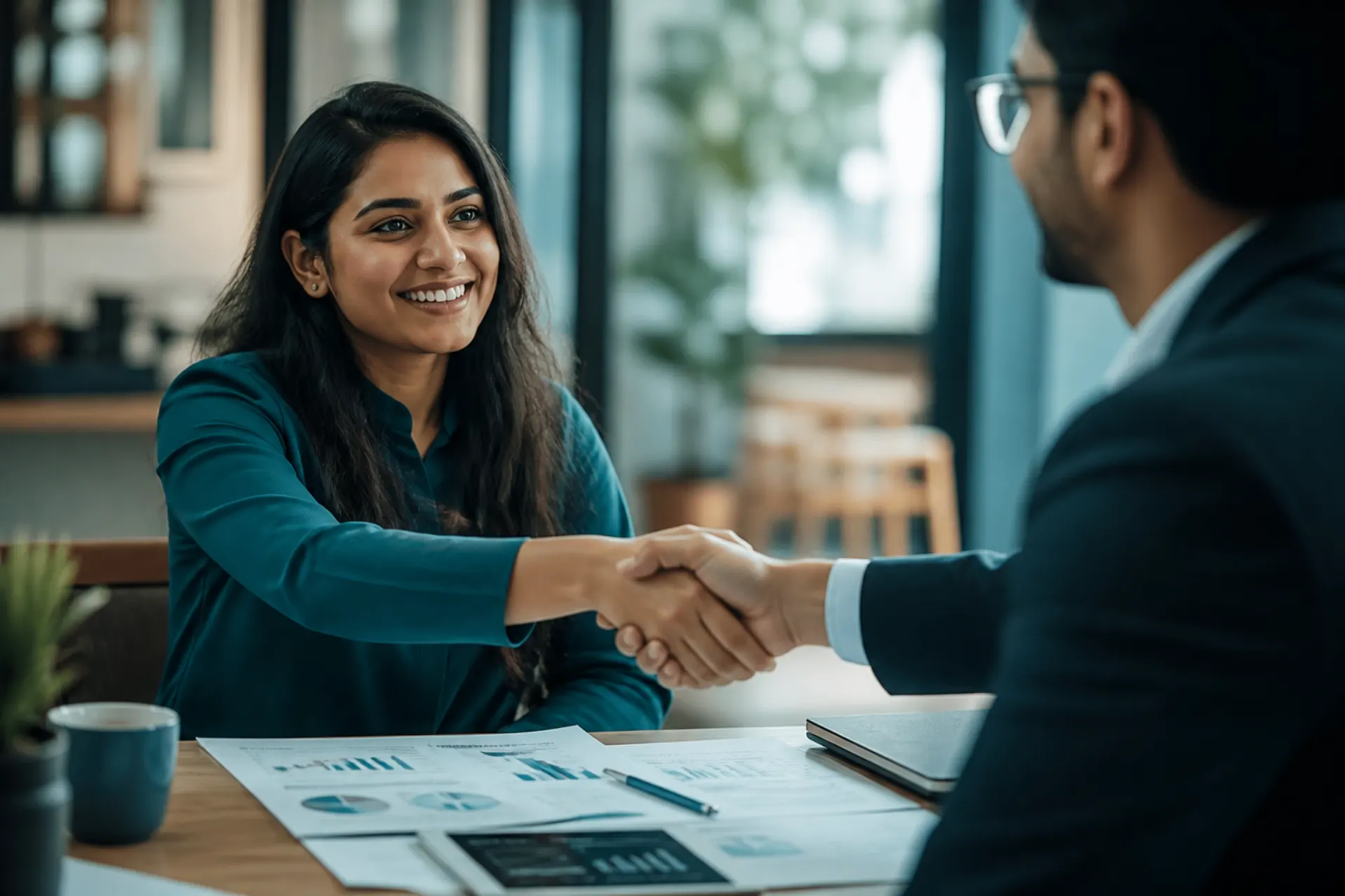 Investor and business owner agreeing on a deal